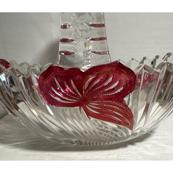 Vintage Glass Basket Clear Handle With Red Floral Accents & Textured Handle 6" - Picture 2 of 12